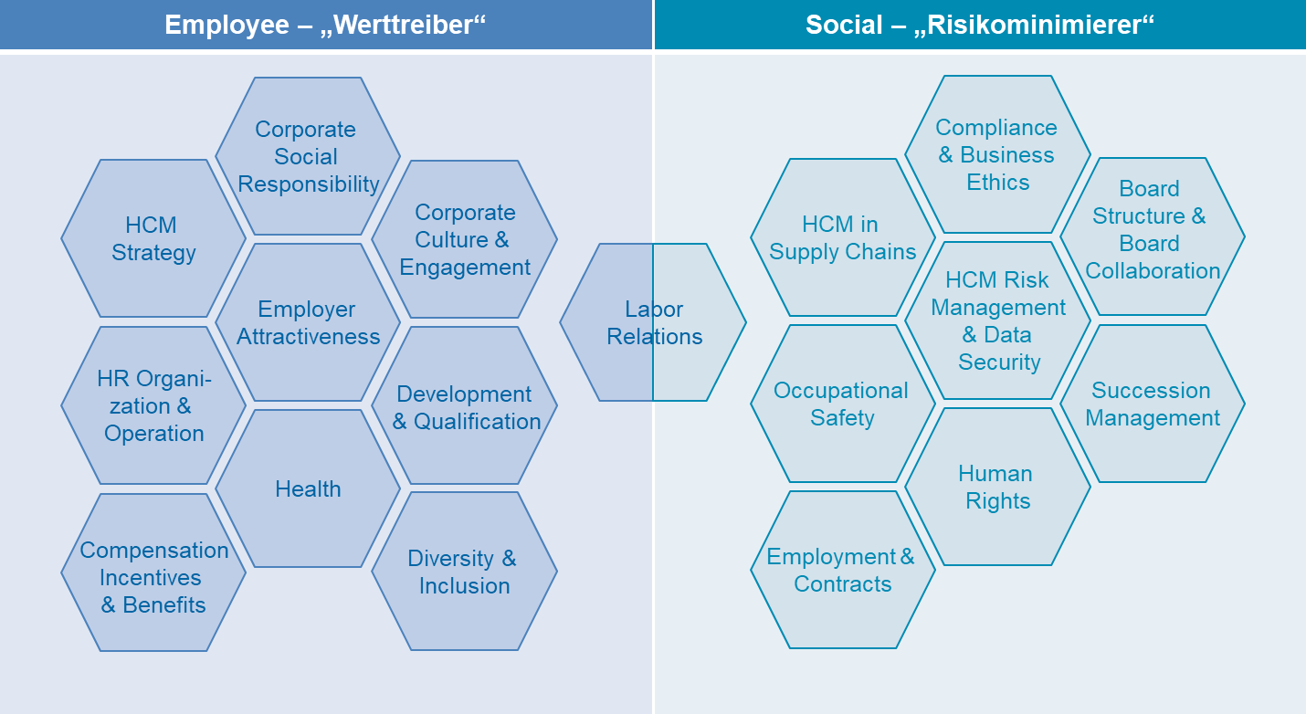 Abbildung 3: Aufteilung der HCM-Kategorien in die Bereiche Employee und Social